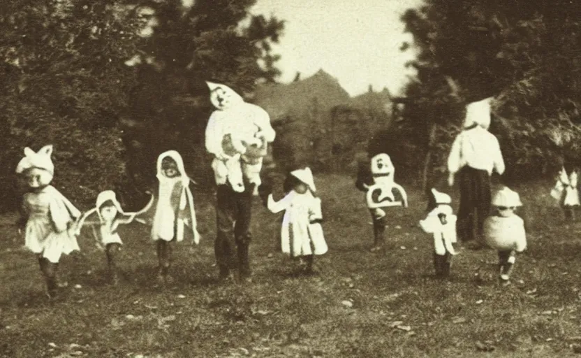 Prompt: Vintage postcard of children trick-or-treating, hi-res scan, stark composition, sepia tone, eerie lighting,