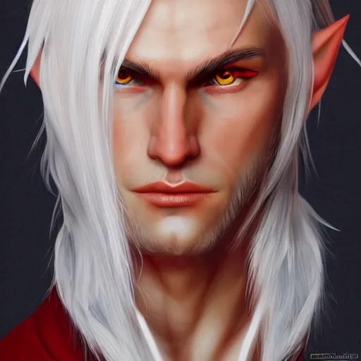Prompt: a highly detailed portrait of a male elf with white hair, in red clothes, artstation, deviantart, professional, photorealistic