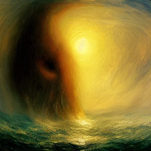 Image similar to a gigantic lovecraftian cyclope emerging from under the ocean, gazing to the sky, as in a turner's painting