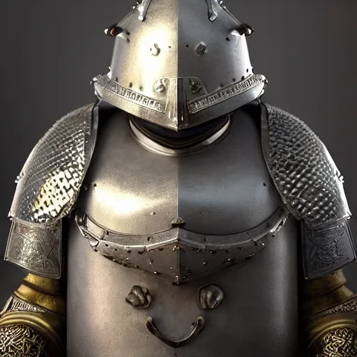 Image similar to miyazaki in a full medieval armor, looking at viewer, very detailed, octane render, portrait photography