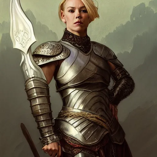 Prompt: half length portrait of hannah waddingham as a martial cleric in plate armor, morningstar, d & d, medieval, fantasy, royo, klimt, miro, vallejo, frazetta, alphonse mucha, greg rutkowski, whealan