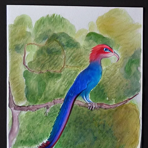 Prompt: A painting of a Resplendant Quetzal on a white background, watercolour, pastel colours,