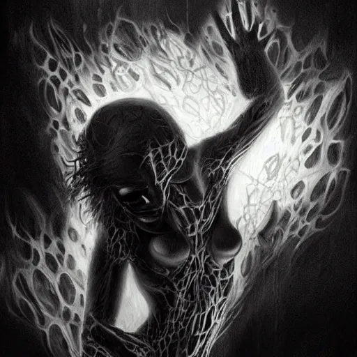 Image similar to my heart is on fire as i'm burning alive, trapped in my mind nightmare horrifying artwork by nekro, borja, syd mead, zdislaw cosmic horror charcoal artwork, surreal existentialism