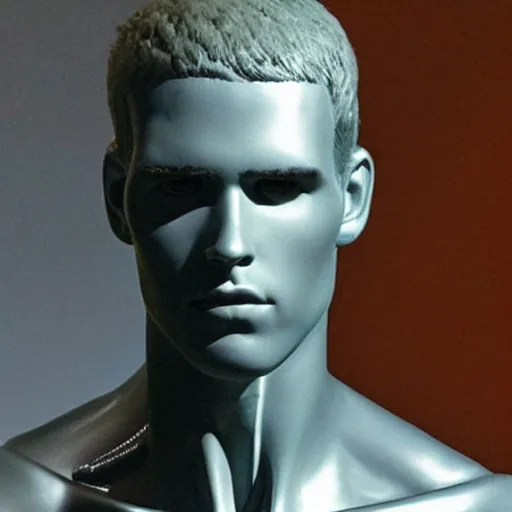 Image similar to “ a realistic detailed photo of a guy who is an attractive humanoid who is half robot and half humanoid, who is a male android, actor liam hemsworth, shiny skin, posing like a statue, blank stare, at the museum, on display ”