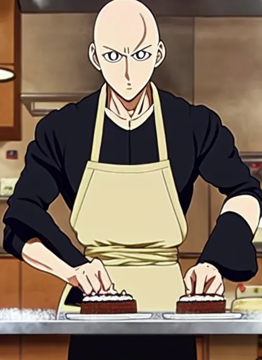 Image similar to chef saitama one punch man, dressed as a pastry chef, fiercely focused at making a cake, beautiful anime artwork