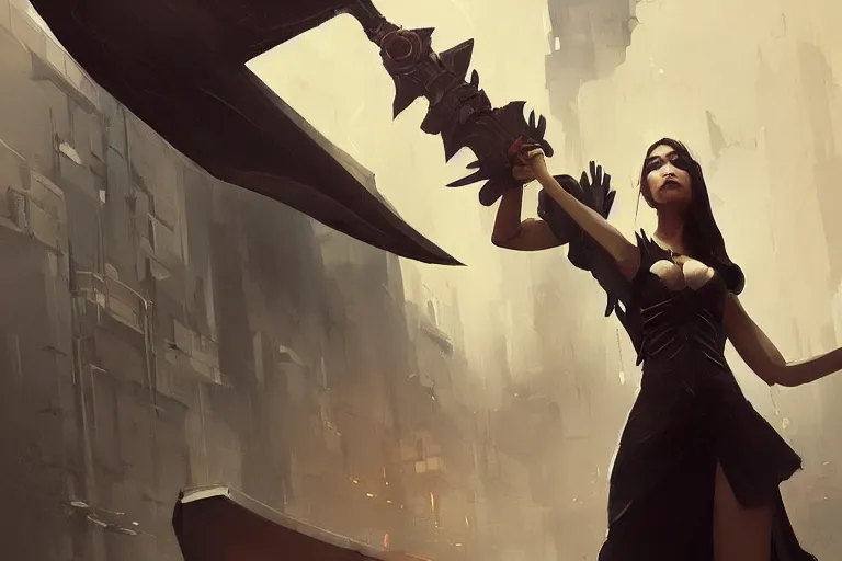 Image similar to seductive goddes holding a grim reapers tool in a modern city in the style of Durand and greg rutkowski, beautiful, geometric, trending on artstation, cinematic