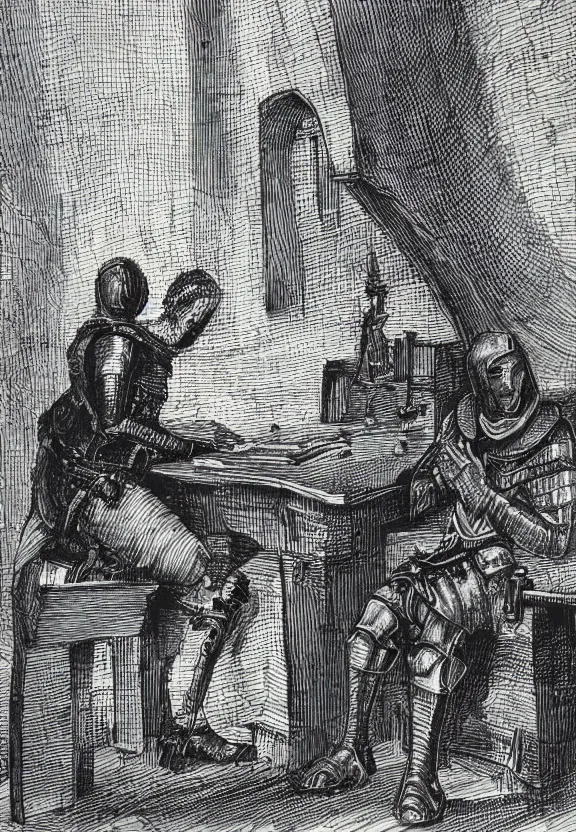 Image similar to [Medieval templar sitting on a desk watching youtube on a computer in a little dark room, illustration, sharp, focus, high quality, smooth]