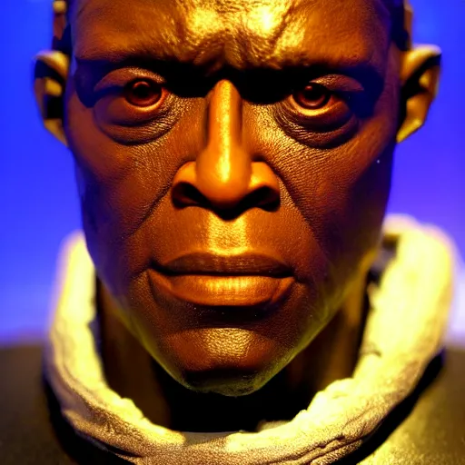 Prompt: deceptively real wax figure of Dezel Washington in Book of Eli by Madame Tussauds, face closeup