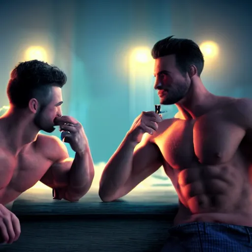 Image similar to cinematic scene with attractive muscular male and another attractive muscular male, drinking their hearts out, in the pub, very detailed, volumetric lighting, still frame