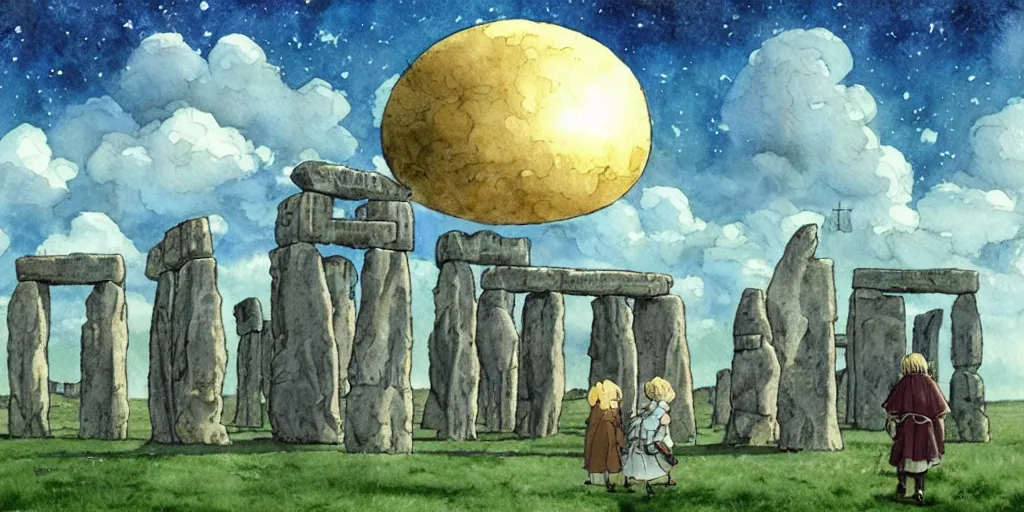 Image similar to a hyperrealist studio ghibli watercolor fantasy concept art of a giant medieval monk and a small grey alien in stonehenge with a starry sky in the background. a giant gold ufo is floating in the air. by rebecca guay, michael kaluta, charles vess