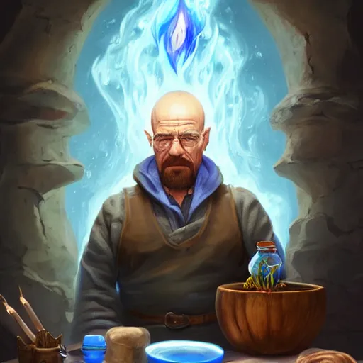 Image similar to Walter White The Alchemist of The Blue Flame Creating the most pure potion, Fantasy Illustration by Tony Sart, Trending on artstation