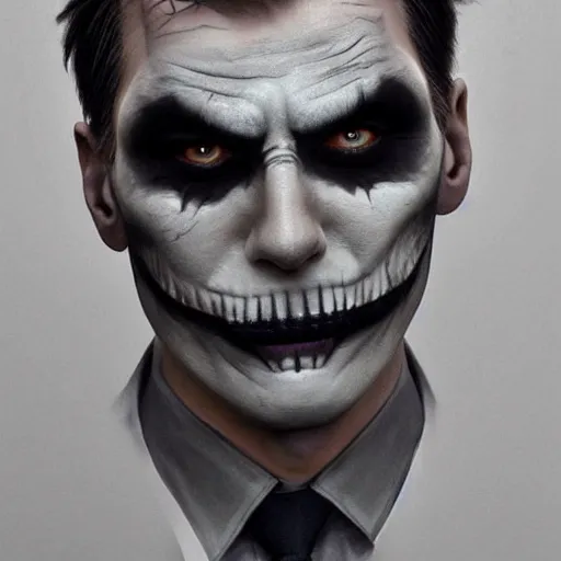 Image similar to Jerma in real life with joker makeup, realistic, very realistic, hyperrealistic, highly detailed, very detailed, extremely detailed, detailed, digital art, oil painting, trending on artstation, headshot and bodyshot, detailed face, very detailed face, extremely detailed face, HD Quality, 8k resolution