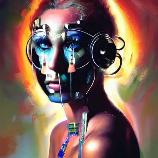 Image similar to portrait, headshot, digital painting, an beautiful techno - shaman lady in circuit electronic mask, realistic, hyperdetailed, chiaroscuro, concept art, art by john berkey