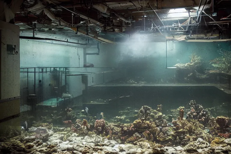 Image similar to national geographic photo of aquarium in dimly lit abandoned industrial room