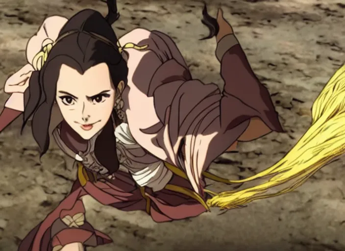 Image similar to emma watson flying screenshot from demon slayer 鬼滅の刃 anime gal gadot