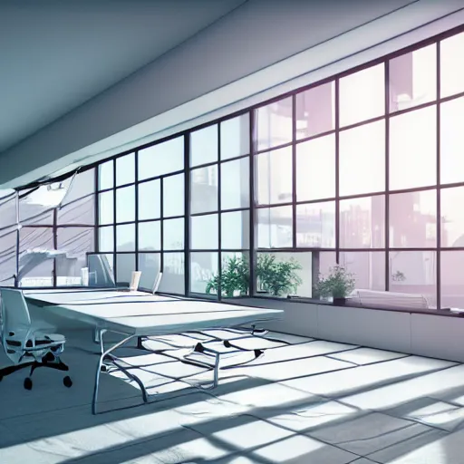 Image similar to a white empty pink office with sun rays looming down, with a pool inside, dynamic lighting, photorealistic concept art, trending on art station, stunning visuals, creative, cinematic, ultra detailed, ray tracing