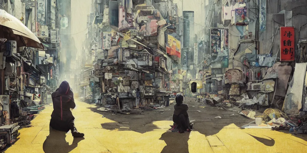 Prompt: incredible wide screenshot, simple watercolor, paper texture, ghost in the shell movie scene, distant shot of hoody girl side view sitting under a yellow striped parasol in deserted dusty shinjuku junk town, old pawn shop, bright sun bleached ground ,scary chameleon face muscle robot monster lurks in the background, ghost mask, teeth, animatronic, black smoke, pale beige sky, junk tv, texture, strange, impossible, fur, spines, mouth, pipe brain, shell, brown mud, dust, bored expression, overhead wires, telephone pole, dusty, dry, pencil marks