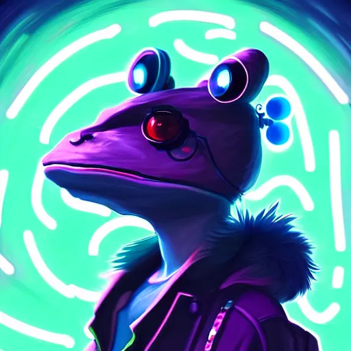 Prompt: beautiful furry digital art portrait commission of an androgynous furry anthro frog fursona wearing punk clothes in the streets of a cyberpunk city. neon signs. character design by charlie bowater, ross tran, artgerm, and makoto shinkai