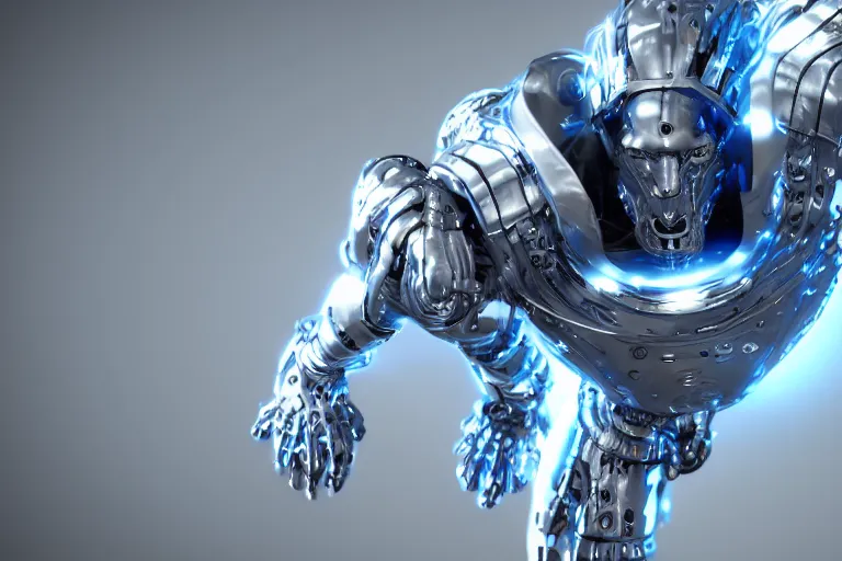Prompt: futuristic metal cybernetic!! lion!!! white blue grey, octane render, studio light,
