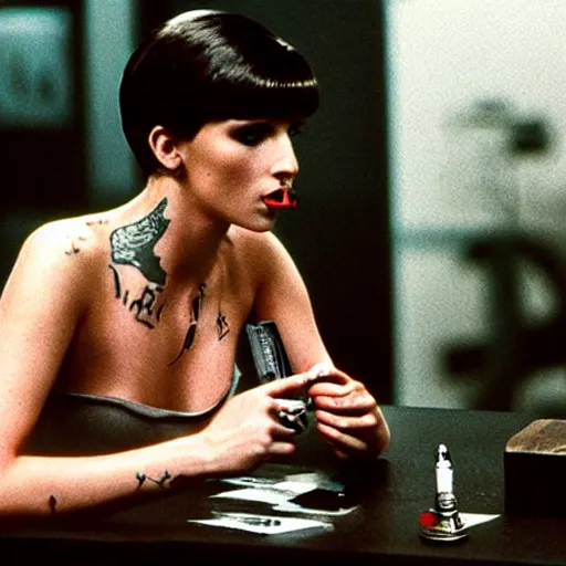 Image similar to tattoo of rachel from 1982 bladerunner smoking in tyrell's office