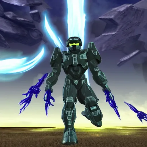 Prompt: A screenshot from Halo: Combat Evolved boss fight where you fight your own personal demons