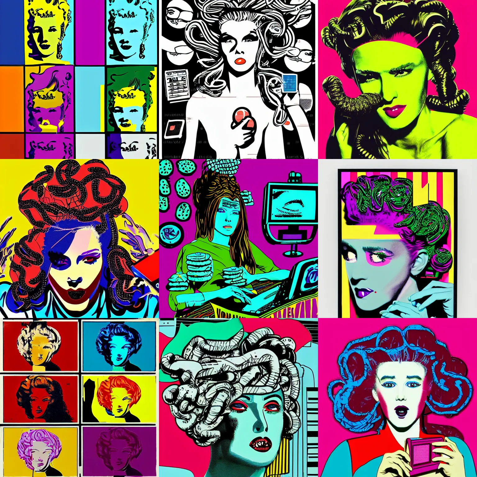 Prompt: medusa is playing with a computer, snacks, cyberpunk, pop art, style by andy warhol,