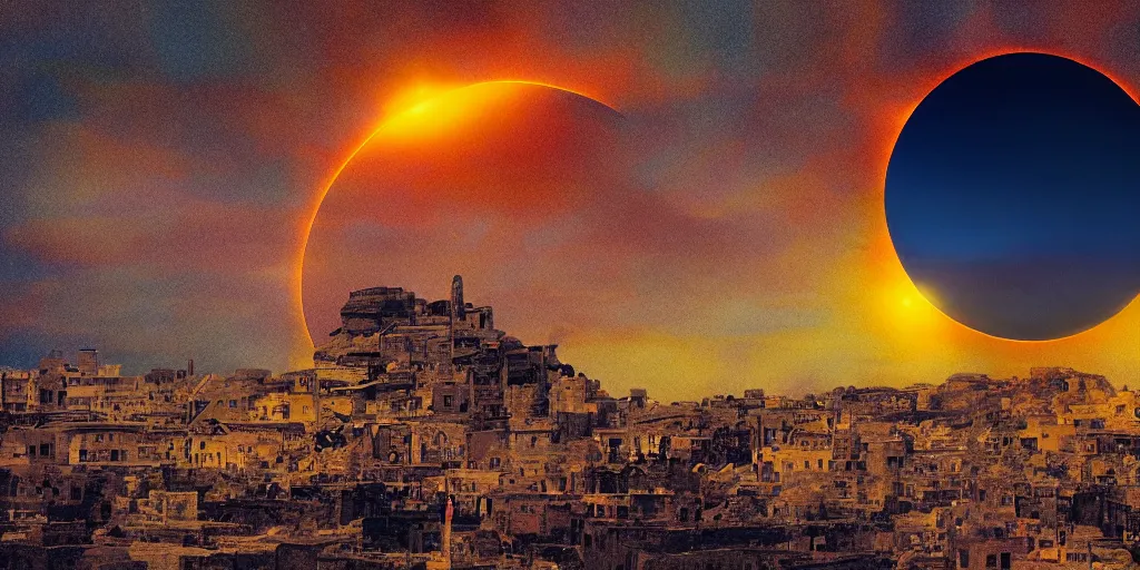 Image similar to a solar eclipse in the sky above an ancient city, a giant in the distance, thick impasto paint, double exposure, Chromatic Aberration