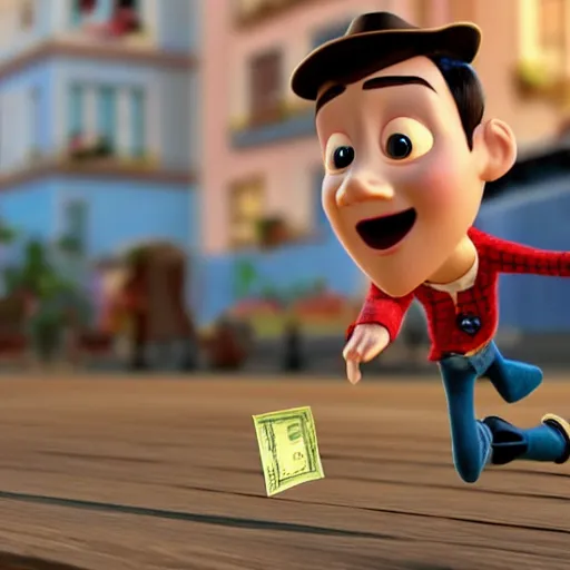 Prompt: thief escaping a robbery with a bag of money. pixar style