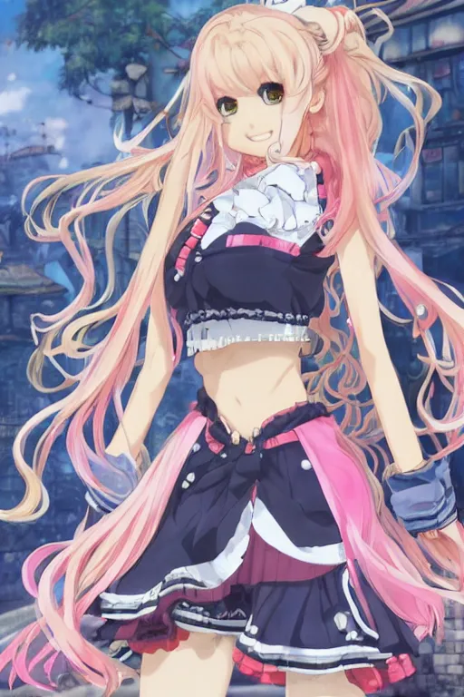 Prompt: junko enoshima, a gyaru model with long thick blonde pigtails, villainess, character design by Akihiko Yoshida in the style of Atelier Lulua, KyoAni, Granblue Fantasy, background art by Krenz Cushart in the style of Atelier Firis, Space Dandy, K-ON, illustration by Masamune Shirow in the style of Shining Resonance, Guilty Crown, Last Exile