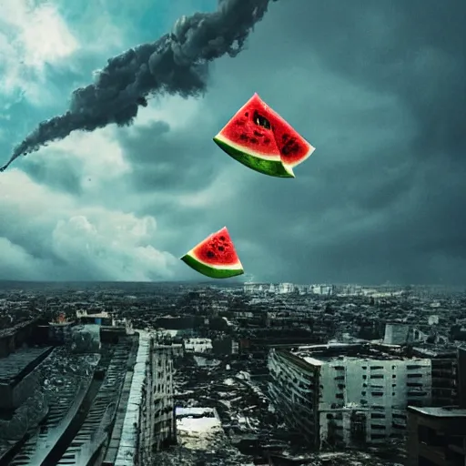 Prompt: an big watermelon falling from the sky crush the high building cause big destruction, cinematic, movie still , Holywood quality, end of the world