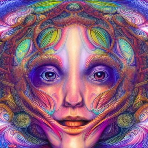 Prompt: perfectly centered portrait, beautiful fractal mushroom goddess, female, flowing hair, intense stare, sweet smile, symmetrical, concept art, intricate detail, volumetric shadows and lighting, psychedelic colors, illustration by alex grey
