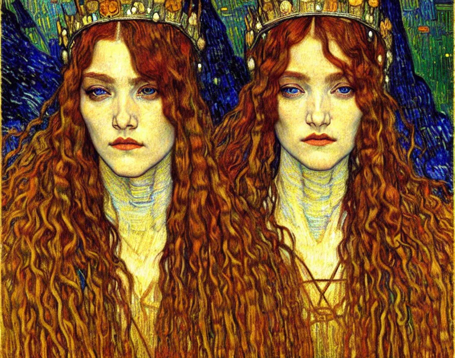 Image similar to detailed realistic beautiful young medieval queen face portrait by jean delville, gustav klimt and vincent van gogh, art nouveau, symbolist, visionary, gothic, pre - raphaelite, muted earthy colors, desaturated