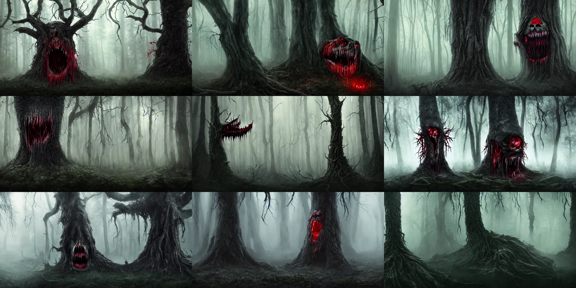 Prompt: dark forest shrouded in mist, a tree with bloody fanged mouth gaping open fangs visible, screaming face on tree trunk with fangs, forbearing, oppressive, epic composition, digital art, concept art, 4 k, highly detailed