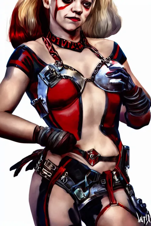 Prompt: A portrait of Natalie Dormer as Harley Quinn in bikini armour, artstation, highly detailed