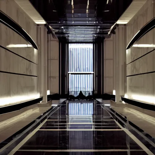 Prompt: photo of a large entrance hall of an art-deco skyscraper, dramatic lighting