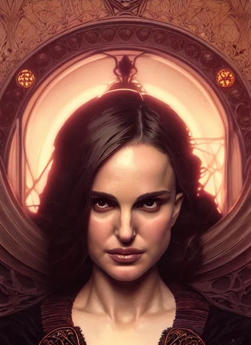 Image similar to portrait of natalie portman, volumetric lights, feast, music notes, art nouveau botanicals, gothic, intricate, highly detailed, digital painting, artstation, concept art, smooth, sharp focus, symmetric face, illustration, steampunk, art by artgerm and greg rutkowski and alphonse mucha