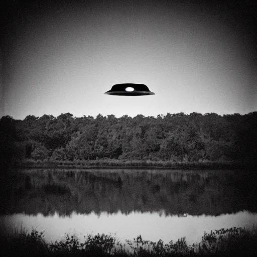 Image similar to dark photo of an ufo above the louisiana swamp's, black and white, pictorialism