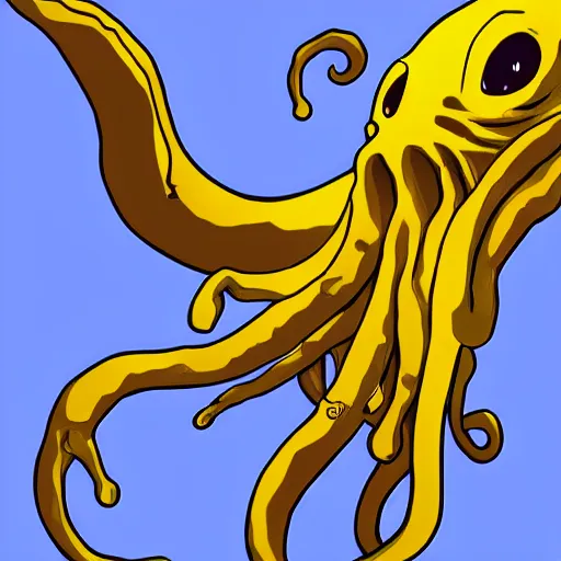 Prompt: an illustration of a cute cthulhu monster by jack kirby moving it's tentacles against a yellow background, digital art