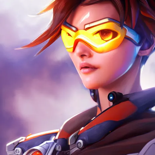 Image similar to A beautiful portrait of Tracer from Overwatch pondering her orb, long shot, realistic, highly detailed, by Stanley Artgerm Lau, WLOP, and Rossdraws, digtial painting, orange and blue color scheme, trending on ArtStation