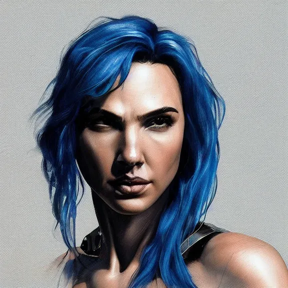 Image similar to “hiperrealist close up portrait of cyberpunk Gal Gadot with blue hair, digital art, concept art, neon colors, studio lightning, high contrast, sharp focus, high detail, photorealist, Artstation HQ, DeviantArt, cybernetics, techwear, urban samurai, netrunner, Shadowrun, Cyberpunk 2077, Deus Ex, 4k UHD, Unreal Engine 5”