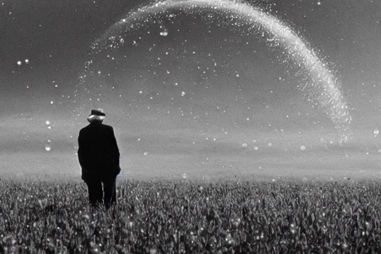 Image similar to an old man in a field looking at multiverse bubbles in the sky, scene from a stanley kubrick movie