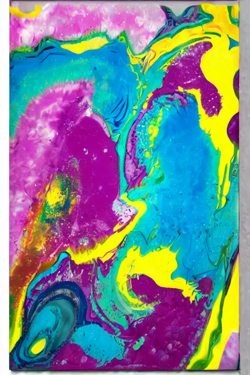 Image similar to acrylic paint pour, watercolor, marbling, graffiti, very detailed, large white border, 144x144 canvas, hd, high resolution print :1 Black, Magenta, Yellow and Cyan:1