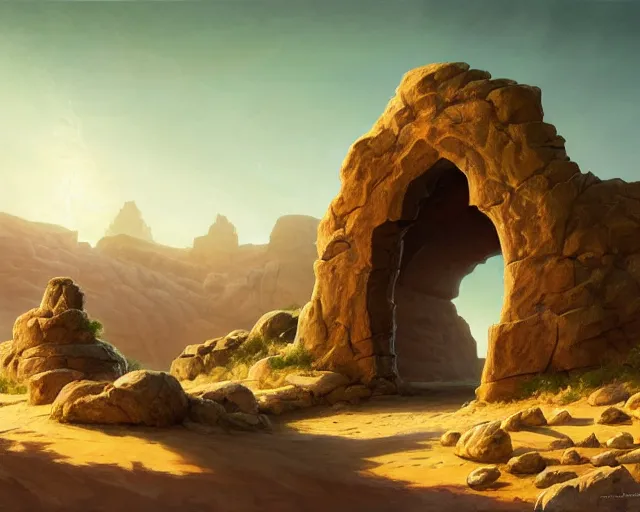 Image similar to desert landscape with a huge stone portal monument glowing green with swirls, deep focus, d & d, fantasy, intricate, elegant, highly detailed, digital painting, artstation, concept art, matte, sharp focus, illustration, hearthstone, art by artgerm and greg rutkowski and alphonse mucha