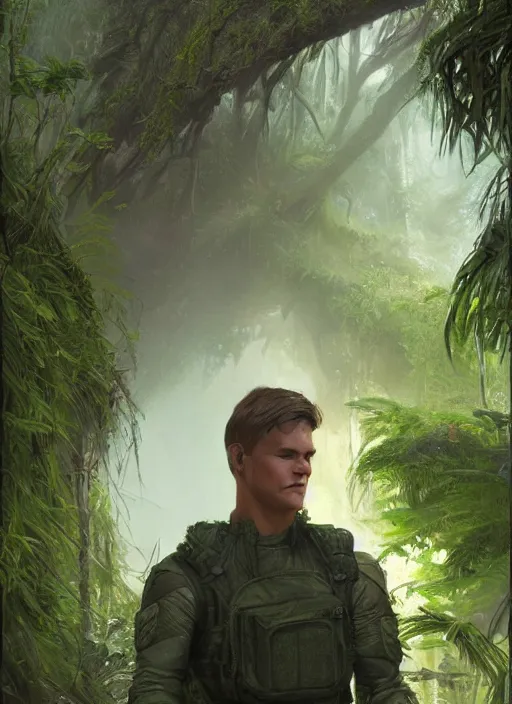 Image similar to portrait of a young richard dean anderson wearing a green combat uniform, in a post apocalyptic rio de janeiro overgrown with plants, by wlop, luis royo and greg rutkowski, cover illustration, concept art, volumetric lighting, volumetric atmosphere, sharp focus, octane render, trending on artstation, 8 k