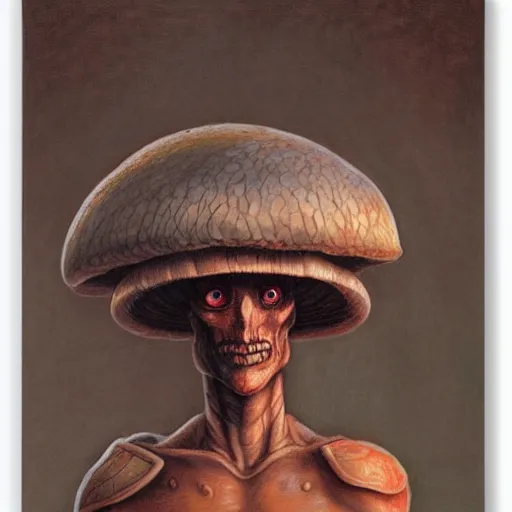 Prompt: frontal portrait of an humanoid warrior mushroom, by Gerald Brom