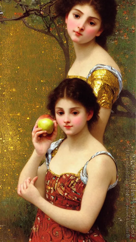 Prompt: painting portrait of a beautiful girl with an apple in her hand, intricate, elegant, digital painting, smooth, sharp focus, shiny gold, realistic gold, realistic metal, by William-Adolphe Bouguereau and Gustav Klimt,