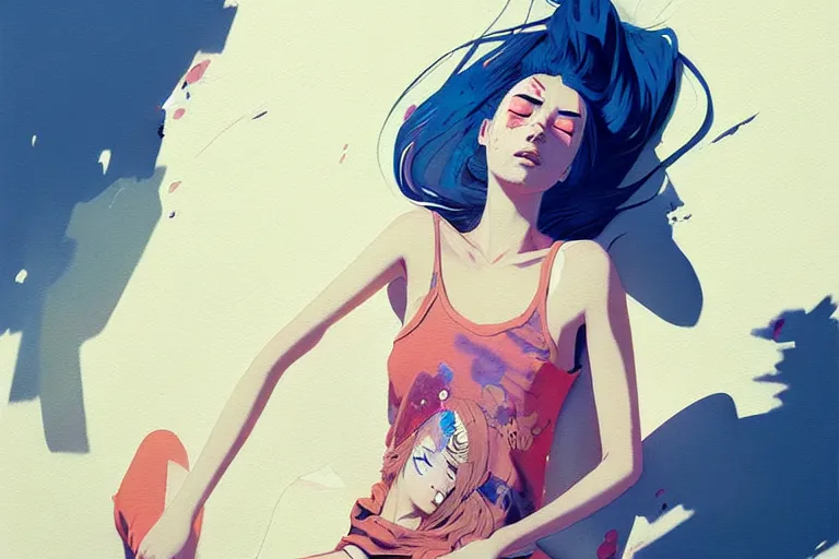 Image similar to a ultradetailed painting of a stylish girl waking up, she is wearing a tank top by conrad roset, greg rutkowski and makoto shinkai trending on artstation