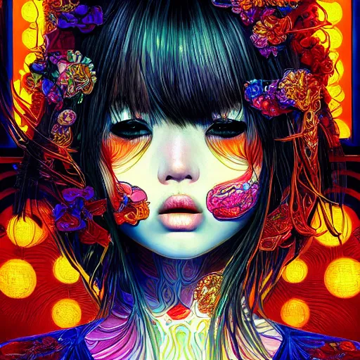 Image similar to the face of an unbelievably beautiful and pretty japanese girl partially made of onion rings of all colors looking down, an ultrafine detailed illustration by james jean, final fantasy, intricate linework, bright colors, behance contest winner, vanitas, angular, altermodern, unreal engine 5 highly rendered, global illumination, radiant light, detailed and intricate environment