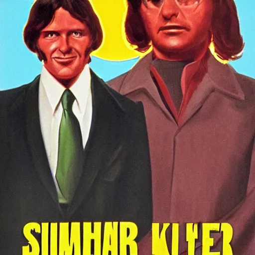 Prompt: 1970s movie poster about two serial killers as the sun is expanding to swallow the earth