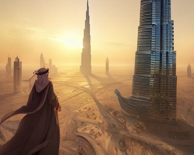 Image similar to dubai city and burj khalifa in front big desert, atmospheric lighting. by makoto shinkai, stanley artgerm lau, wlop, rossdraws, james jean, andrei riabovitchev, marc simonetti, krenz cushart, sakimichan, d & d trending on artstation, digital art.